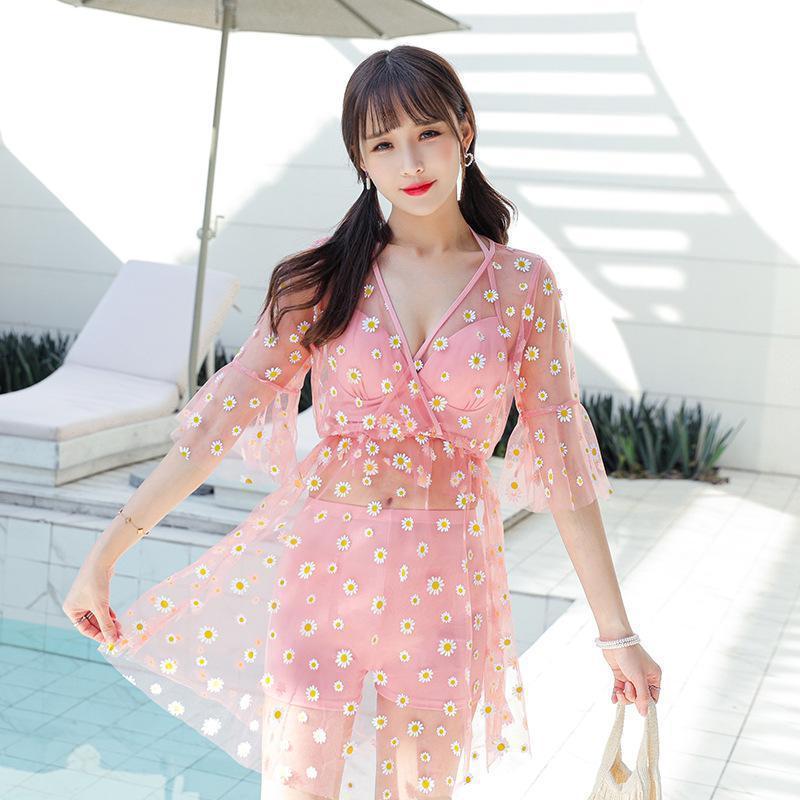 Summer Women 3 in 1 Small Chrysanthemum Printed Pattern Sunscreen Cover Halter Swimdress Open Back Swimsuit