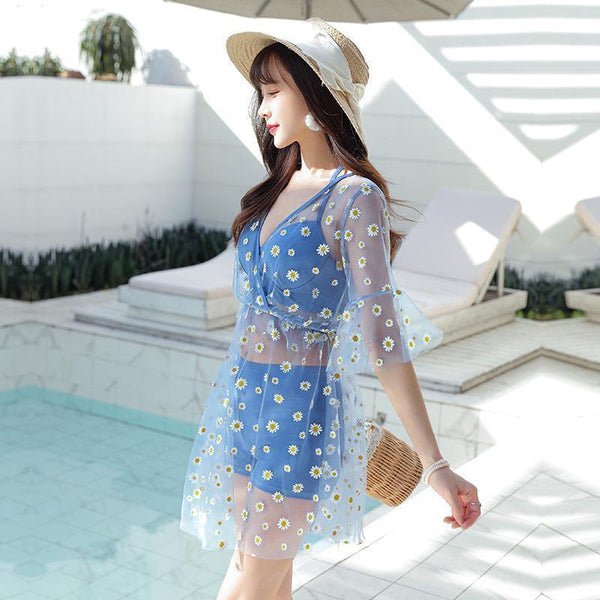 Summer Women 3 in 1 Small Chrysanthemum Printed Pattern Sunscreen Cover Halter Swimdress Open Back Swimsuit