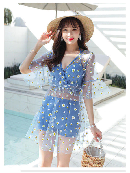 Summer Women 3 in 1 Small Chrysanthemum Printed Pattern Sunscreen Cover Halter Swimdress Open Back Swimsuit
