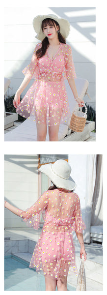 Summer Women 3 in 1 Small Chrysanthemum Printed Pattern Sunscreen Cover Halter Swimdress Open Back Swimsuit
