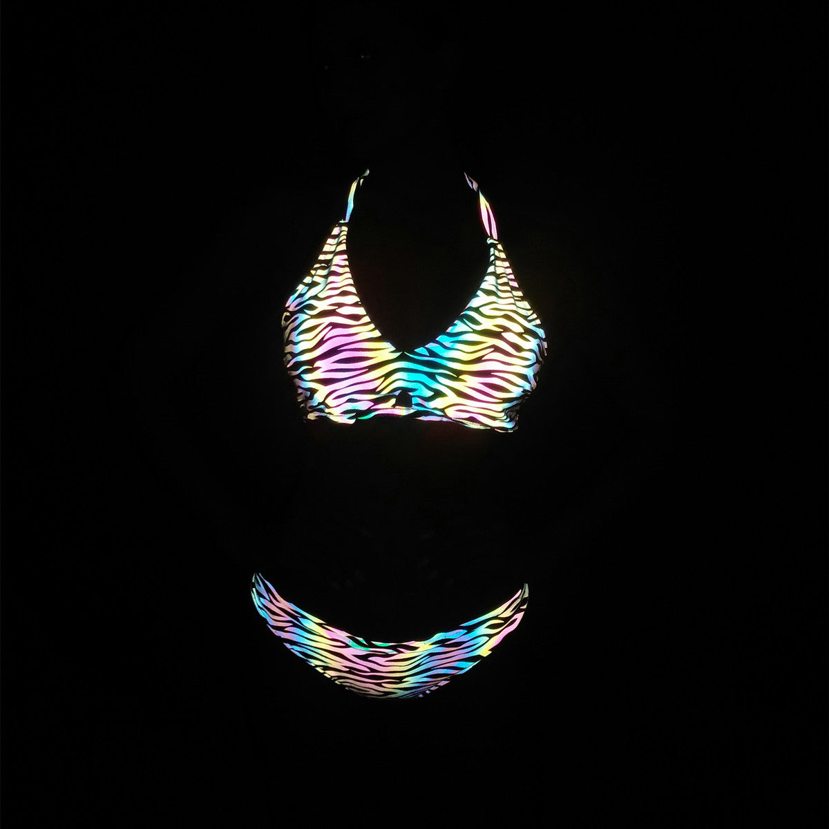 Cool Sexy Beach Vacation Colorful Night Luminous Tiger Stripes Print Backless Halter Two Piece Bikini Swimsuit