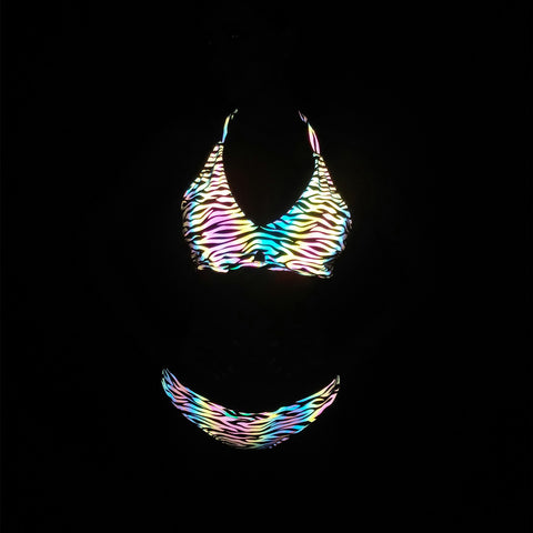 Cool Sexy Beach Vacation Colorful Night Luminous Tiger Stripes Print Backless Halter Two Piece Bikini Swimsuit