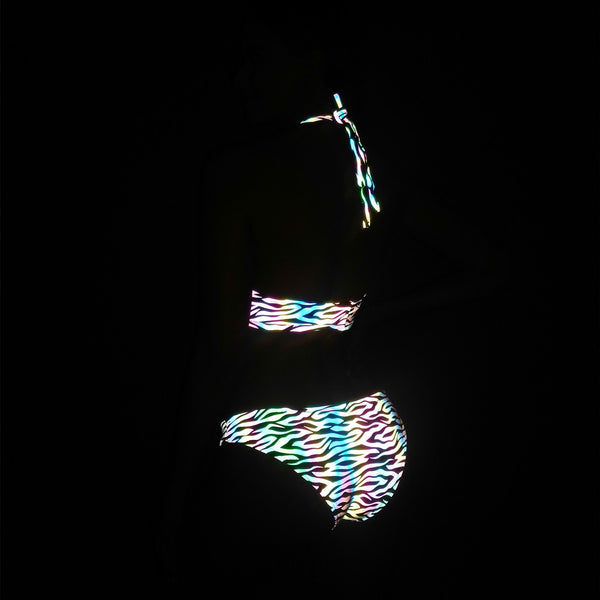 Cool Sexy Beach Vacation Colorful Night Luminous Tiger Stripes Print Backless Halter Two Piece Bikini Swimsuit