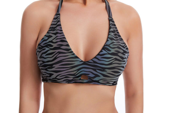 Cool Sexy Beach Vacation Colorful Night Luminous Tiger Stripes Print Backless Halter Two Piece Bikini Swimsuit