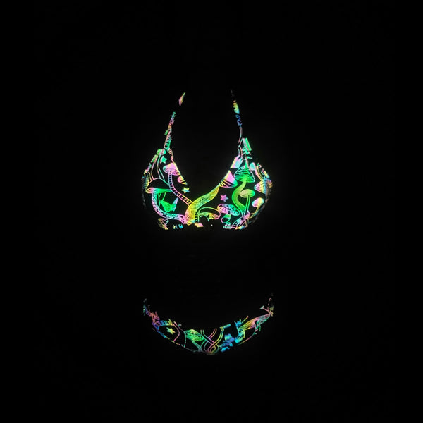 Fantastic Sexy Beach Vacation Colorful Night Luminous Mushroom Logo Pattern Print Backless Halter Two Piece Bikini Swimsuit