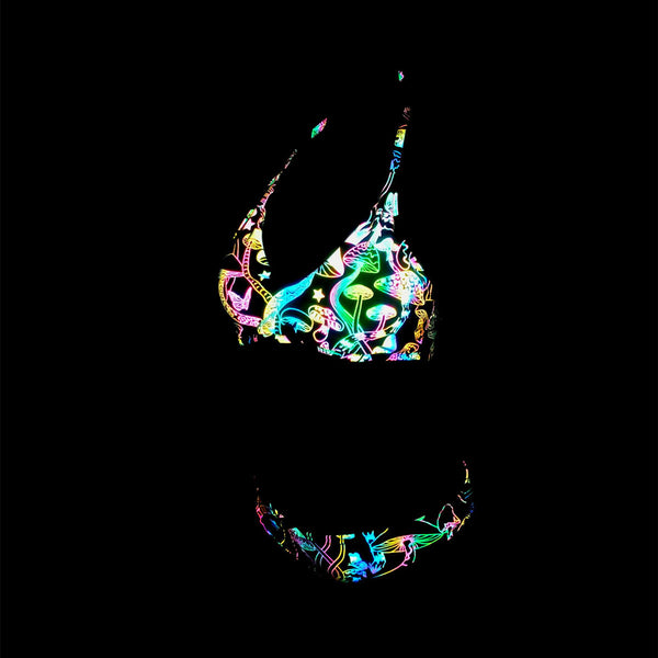 Fantastic Sexy Beach Vacation Colorful Night Luminous Mushroom Logo Pattern Print Backless Halter Two Piece Bikini Swimsuit