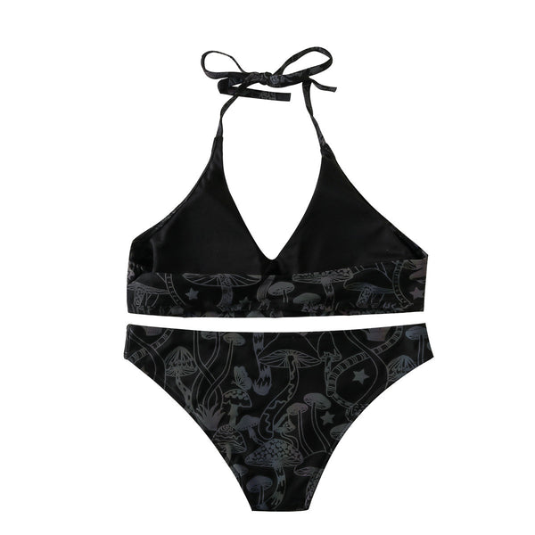 Fantastic Sexy Beach Vacation Colorful Night Luminous Mushroom Logo Pattern Print Backless Halter Two Piece Bikini Swimsuit