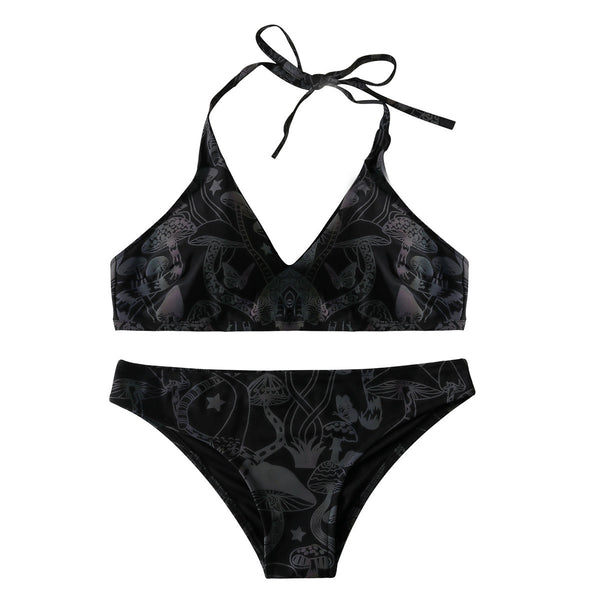 Fantastic Sexy Beach Vacation Colorful Night Luminous Mushroom Logo Pattern Print Backless Halter Two Piece Bikini Swimsuit