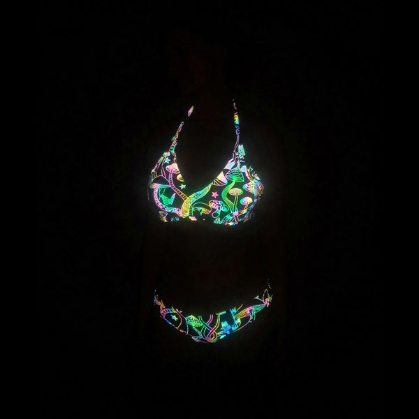 Fantastic Sexy Beach Vacation Colorful Night Luminous Mushroom Logo Pattern Print Backless Halter Two Piece Bikini Swimsuit