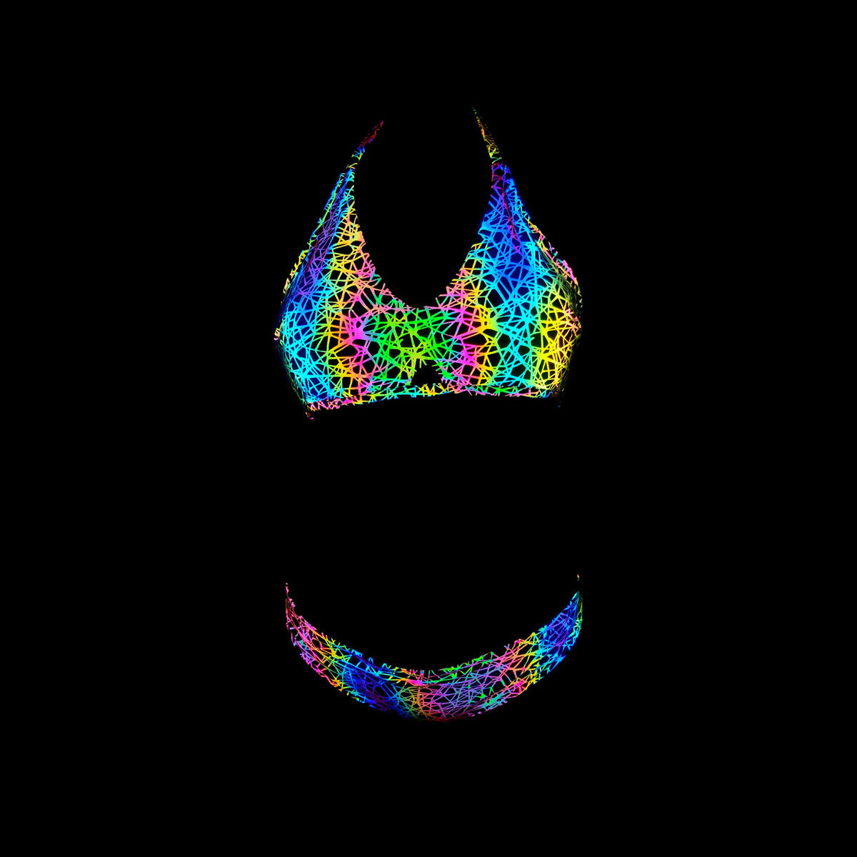 Wonderful Sexy Beach Vacation Reflection Colorful Luminous Nest Net Logo Pattern Print Backless Halter Two Piece Bikini Swimsuit