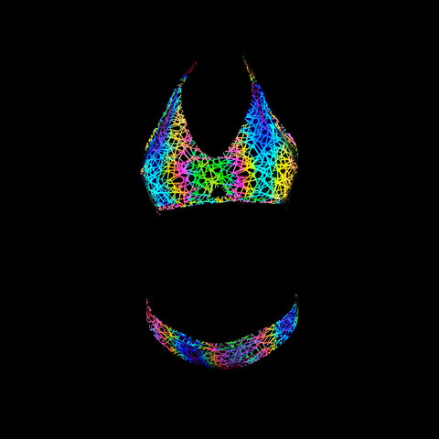 Wonderful Sexy Beach Vacation Reflection Colorful Luminous Nest Net Logo Pattern Print Backless Halter Two Piece Bikini Swimsuit