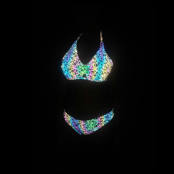 Wonderful Sexy Beach Vacation Reflection Colorful Luminous Nest Net Logo Pattern Print Backless Halter Two Piece Bikini Swimsuit