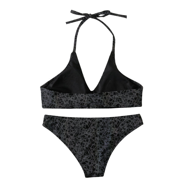 Wonderful Sexy Beach Vacation Reflection Colorful Luminous Nest Net Logo Pattern Print Backless Halter Two Piece Bikini Swimsuit