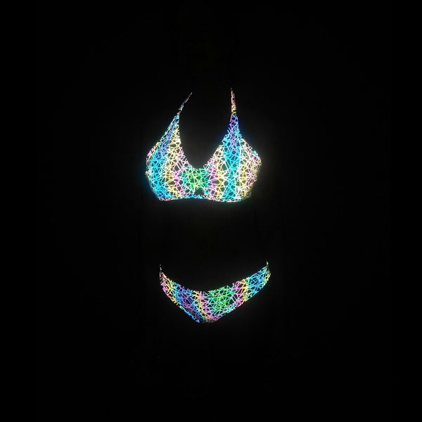 Wonderful Sexy Beach Vacation Reflection Colorful Luminous Nest Net Logo Pattern Print Backless Halter Two Piece Bikini Swimsuit