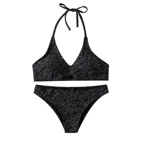 Wonderful Sexy Beach Vacation Reflection Colorful Luminous Nest Net Logo Pattern Print Backless Halter Two Piece Bikini Swimsuit