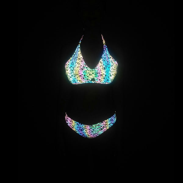 Wonderful Sexy Beach Vacation Reflection Colorful Luminous Nest Net Logo Pattern Print Backless Halter Two Piece Bikini Swimsuit