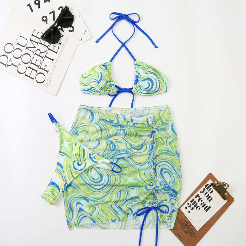Hot Sales Low Price Good 3 in 1 Mesh Summer Beach Ladies Logo Pattern Triangle Bikini Swimsuit Swimwear