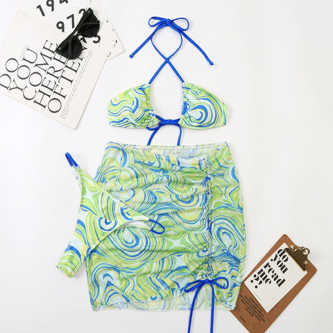 Hot Sales Low Price Good 3 in 1 Mesh Summer Beach Ladies Logo Pattern Triangle Bikini Swimsuit Swimwear