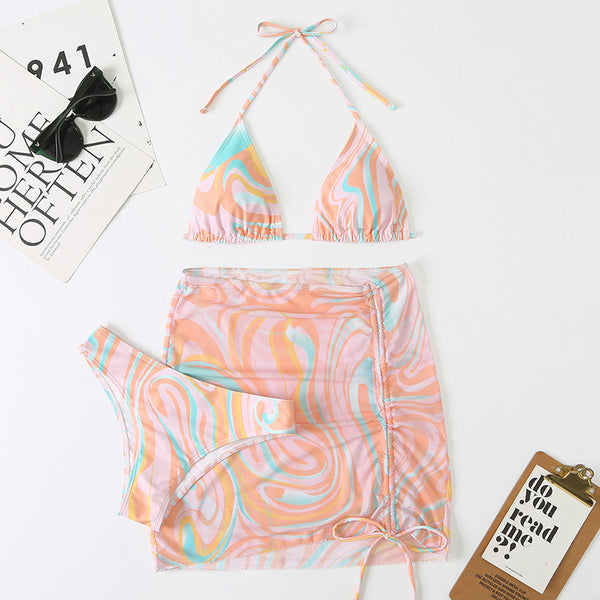 Hot Sales Low Price Good 3 in 1 Mesh Summer Beach Ladies Logo Pattern Triangle Bikini Swimsuit Swimwear