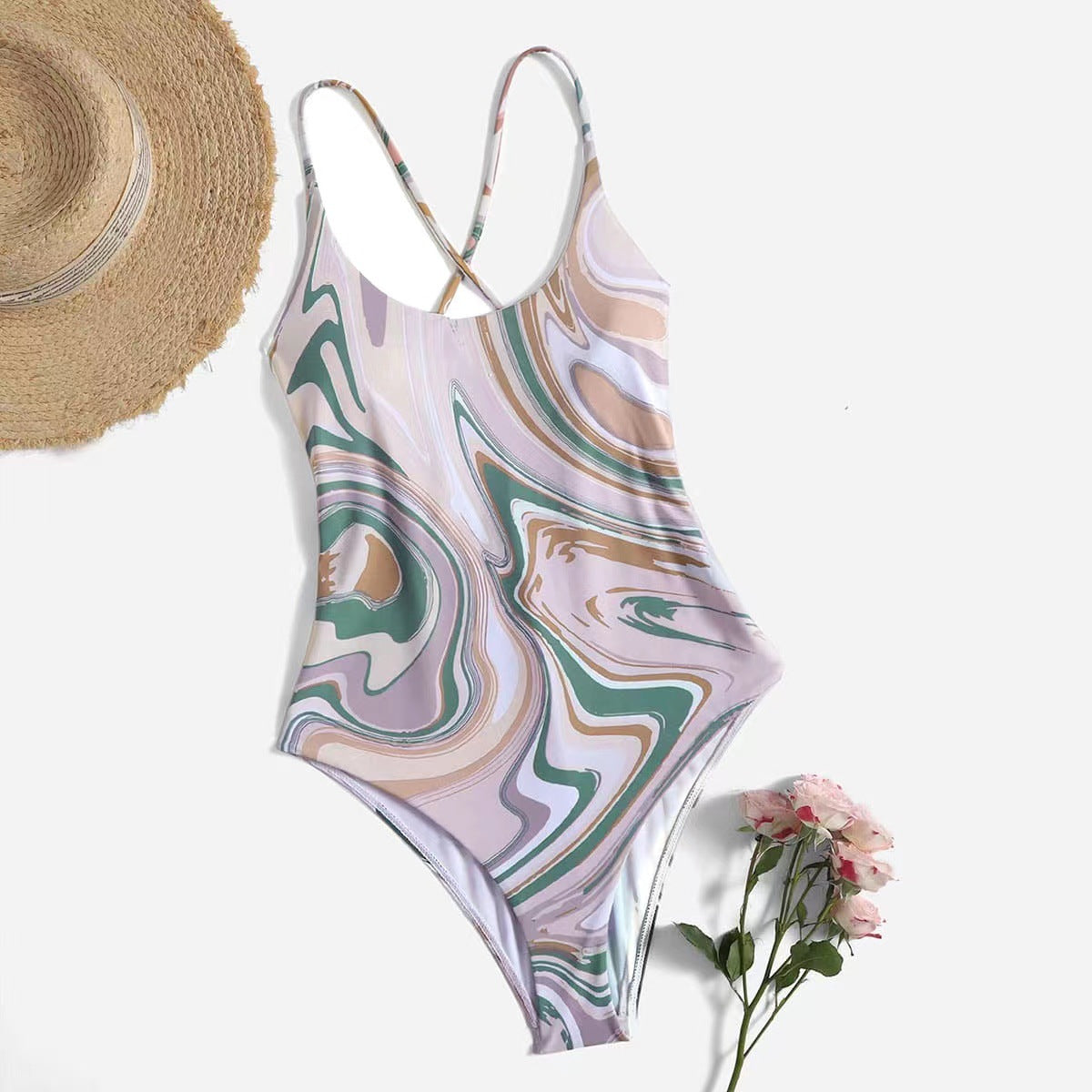 Simple Chic Sexy Women Swimsuit Fashion Spaghetti Strap One Piece Free Stylish Printed Matching Swimsuit