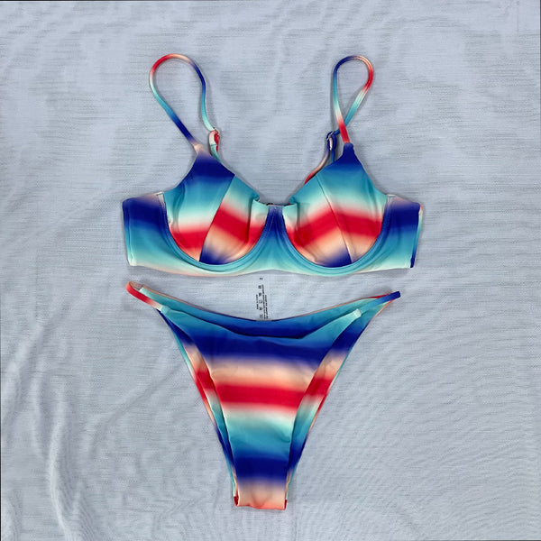 Amazing Double Sided Strip Tie Die Multi Color Colorful Printed Triangle Women Swimwear Push Up Beachwear