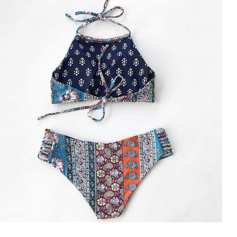 Great Look Women Halter Neck Double Sided Printed Tie Back High Cut Floral Geometrics Print Bikini Swimsuit