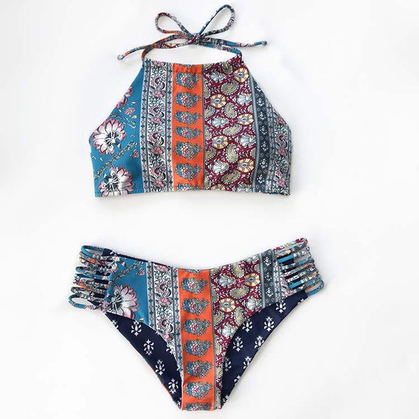 Great Look Women Halter Neck Double Sided Printed Tie Back High Cut Floral Geometrics Print Bikini Swimsuit