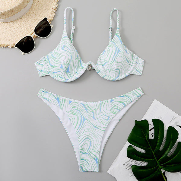 Sexy Green Three Piece Set Bikini Swimsuit Mesh Shoulder Strap Push Up Bikini Printing Swimwear Skirt
