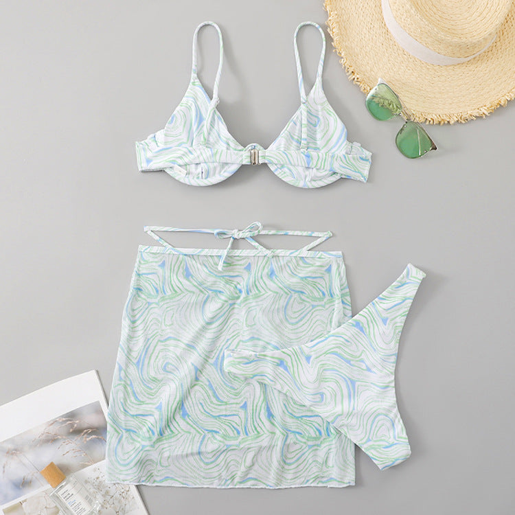 Sexy Green Three Piece Set Bikini Swimsuit Mesh Shoulder Strap Push Up Bikini Printing Swimwear Skirt