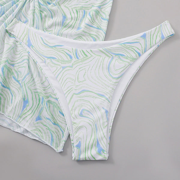 Sexy Green Three Piece Set Bikini Swimsuit Mesh Shoulder Strap Push Up Bikini Printing Swimwear Skirt