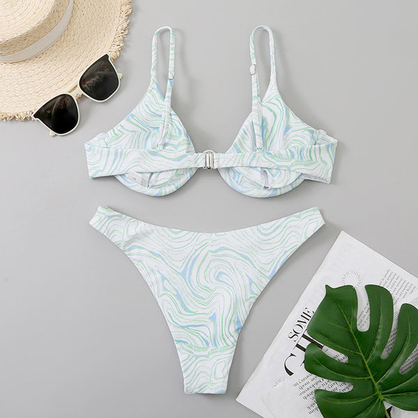 Sexy Green Three Piece Set Bikini Swimsuit Mesh Shoulder Strap Push Up Bikini Printing Swimwear Skirt