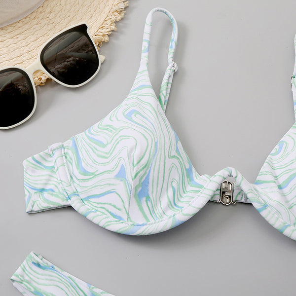 Sexy Green Three Piece Set Bikini Swimsuit Mesh Shoulder Strap Push Up Bikini Printing Swimwear Skirt