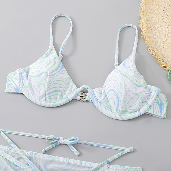 Sexy Green Three Piece Set Bikini Swimsuit Mesh Shoulder Strap Push Up Bikini Printing Swimwear Skirt