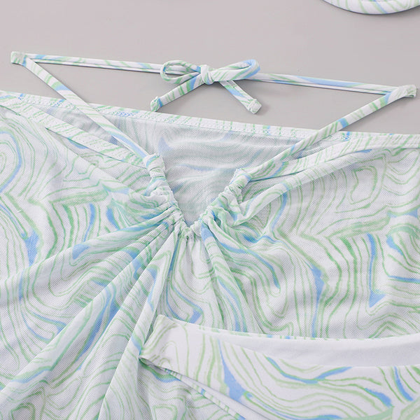 Sexy Green Three Piece Set Bikini Swimsuit Mesh Shoulder Strap Push Up Bikini Printing Swimwear Skirt