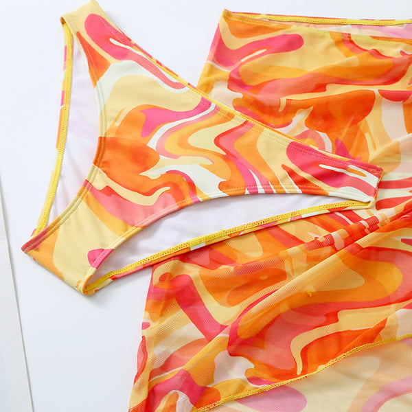 Cheerful Sexy Women Attractive 3 in 1 Three Piece Orange Yellow Stylish Wavy Texture Printed Bikini Mesh Swimwear