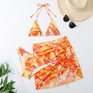 Cheerful Sexy Women Attractive 3 in 1 Three Piece Orange Yellow Stylish Wavy Texture Printed Bikini Mesh Swimwear