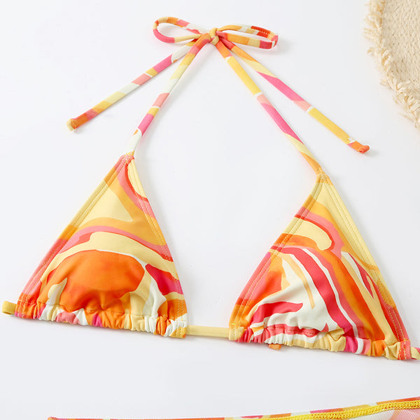 Cheerful Sexy Women Attractive 3 in 1 Three Piece Orange Yellow Stylish Wavy Texture Printed Bikini Mesh Swimwear