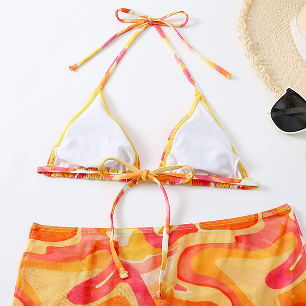 Cheerful Sexy Women Attractive 3 in 1 Three Piece Orange Yellow Stylish Wavy Texture Printed Bikini Mesh Swimwear