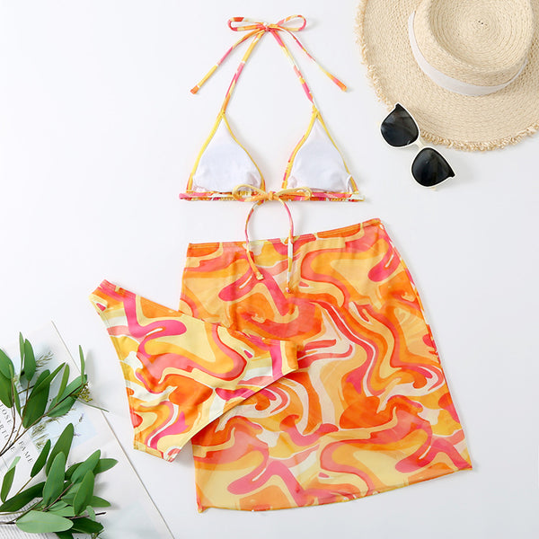 Cheerful Sexy Women Attractive 3 in 1 Three Piece Orange Yellow Stylish Wavy Texture Printed Bikini Mesh Swimwear