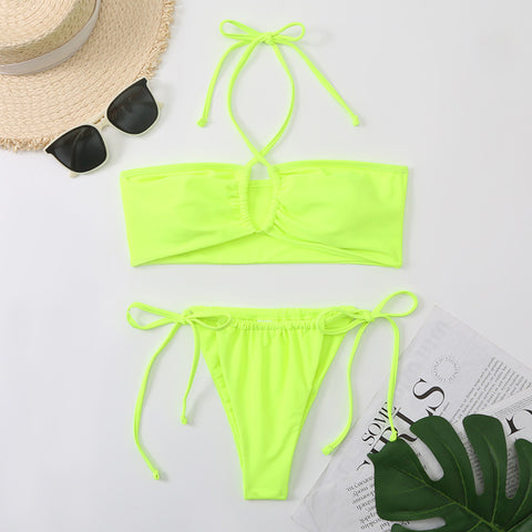 Sexy Strappy Halter Neck Yellow Solid Color Side Wrap Bust Hollow Out Bikini Swimsuit