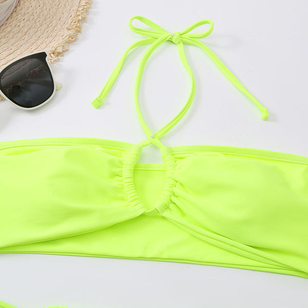 Sexy Strappy Halter Neck Yellow Solid Color Side Wrap Bust Hollow Out Bikini Swimsuit