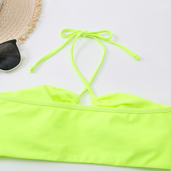 Sexy Strappy Halter Neck Yellow Solid Color Side Wrap Bust Hollow Out Bikini Swimsuit