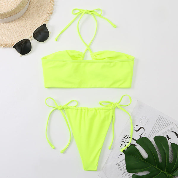 Sexy Strappy Halter Neck Yellow Solid Color Side Wrap Bust Hollow Out Bikini Swimsuit