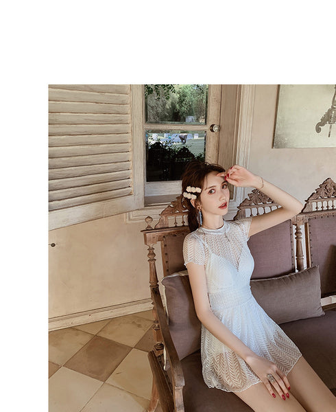 Beach Wear Retro Fairy White Lace One Piece Round Neck High Waist Women Swimsuit Swimwear Skirt