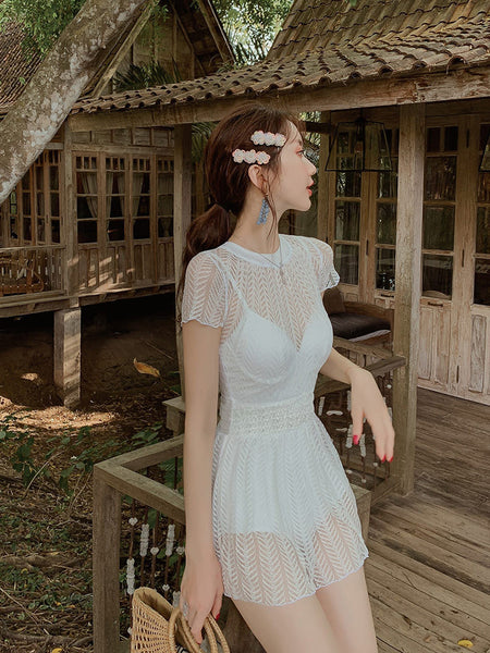Beach Wear Retro Fairy White Lace One Piece Round Neck High Waist Women Swimsuit Swimwear Skirt