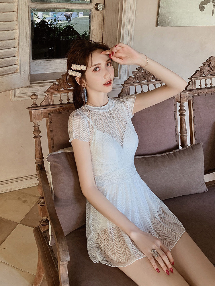 Beach Wear Retro Fairy White Lace One Piece Round Neck High Waist Women Swimsuit Swimwear Skirt