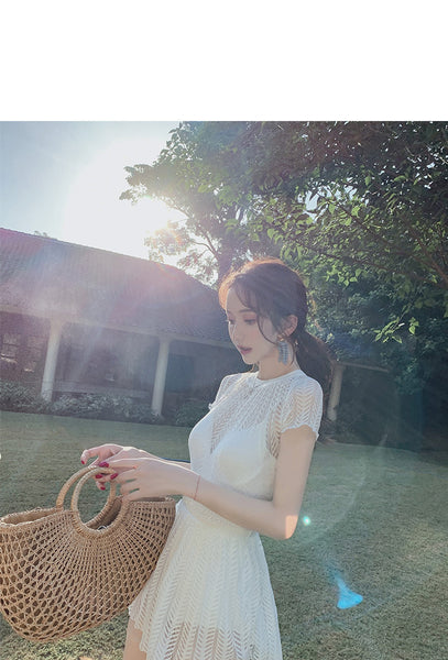 Beach Wear Retro Fairy White Lace One Piece Round Neck High Waist Women Swimsuit Swimwear Skirt