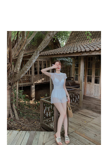 Beach Wear Retro Fairy White Lace One Piece Round Neck High Waist Women Swimsuit Swimwear Skirt