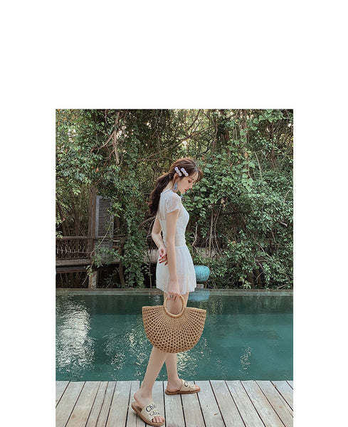 Beach Wear Retro Fairy White Lace One Piece Round Neck High Waist Women Swimsuit Swimwear Skirt