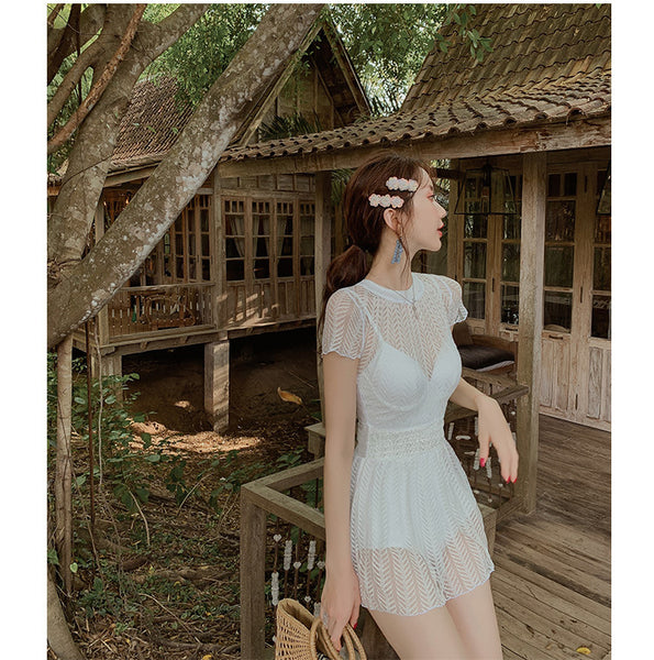 Beach Wear Retro Fairy White Lace One Piece Round Neck High Waist Women Swimsuit Swimwear Skirt
